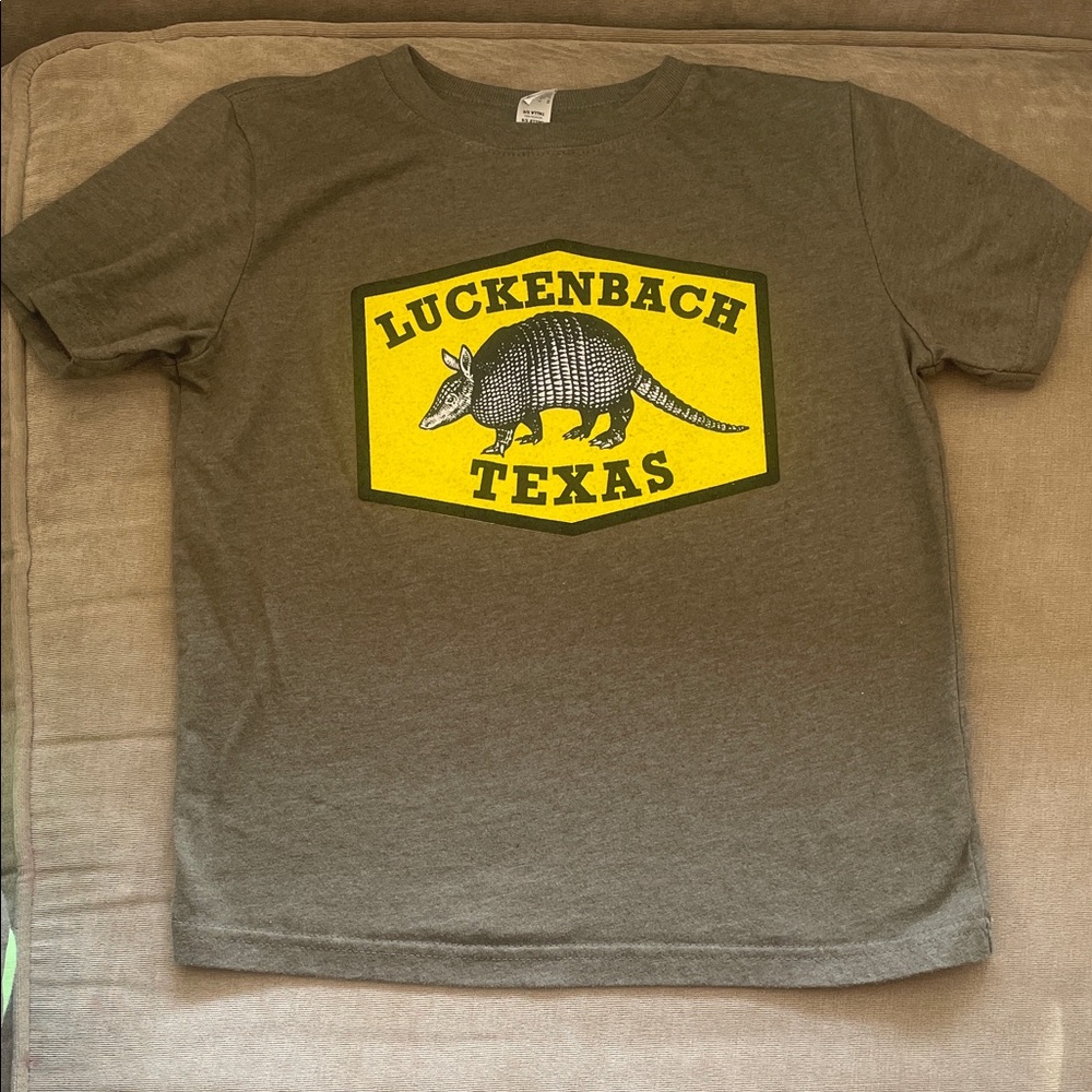 Rabbit Skins Olive Kids Tee with Yellow Luckenbach Texas Armadillo Graphic